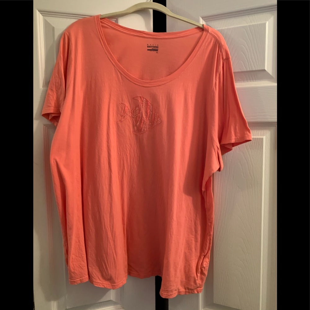 Coral top w/embroidered fish & clear beads